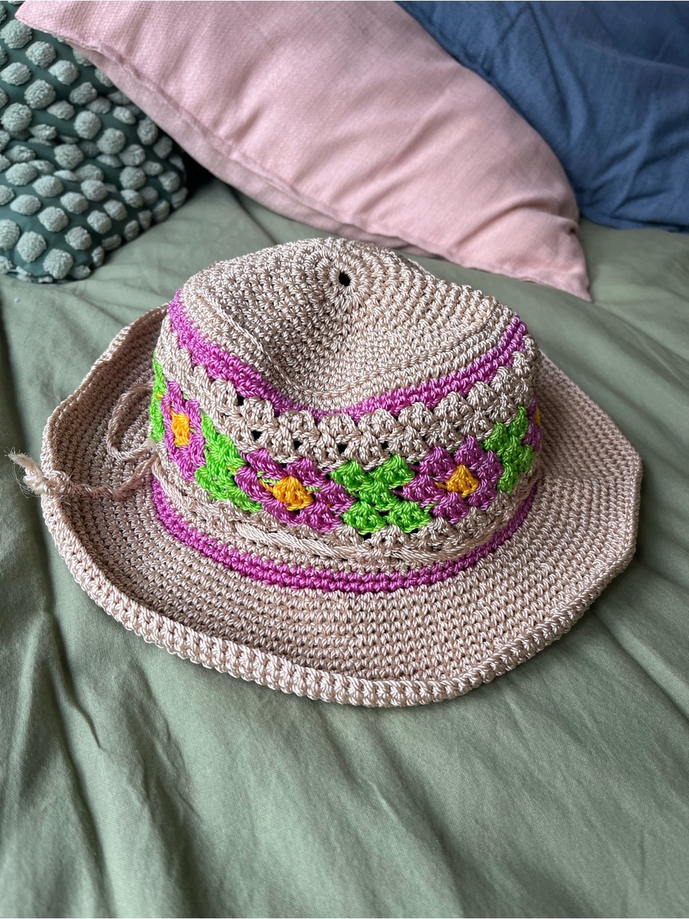 Crochet Sun Hat with Pink, Green & Yellow Flower Band